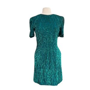 LAURENCE KAZAR New York VINTAGE 80s EMERALD Silk Beaded Evening Dress Size S